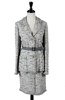 Chanel Grey & Gold Silk Boucle Skirt Suit Sz 40/42
