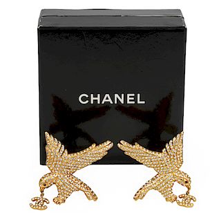 Chanel Goldtone & Crystal Eagle CC Clip Earrings
