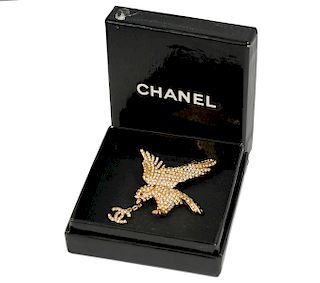 Chanel Gold Tone & Crystal Eagle Brooch