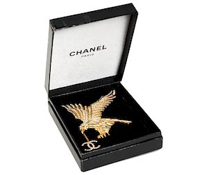 Chanel Gold & Crystal Eagle Brooch with CC Charm