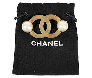 Chanel Gold Vintage Tone CC Pearl Brooch 2002
