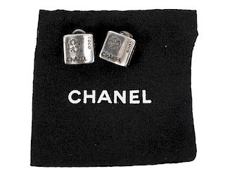 Chanel Sterling Silver Square Clip On Earrings