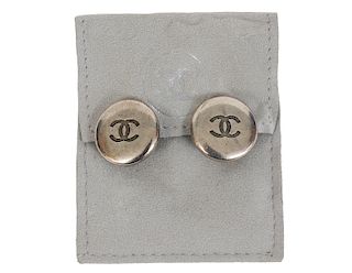 Chanel Silver Tone CC Button Clip On Earrings 1996