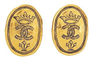 Chanel Oval Logo Medallion Clip Earrings 2006