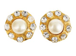 Chanel Vintage Faux Pearl and Crystal Earrings