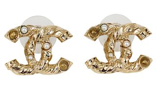 Chanel Gold Tone CC & Pearl Post Earrings 2011