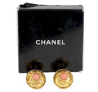 Chanel Gold Hammered & Faux Coral Center Earrings
