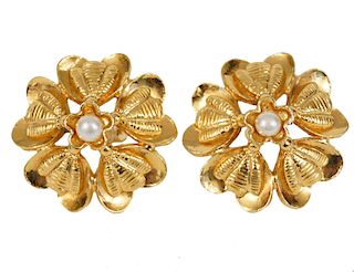 Chanel Gold Tone Flower & Pearl Clip On Earrings