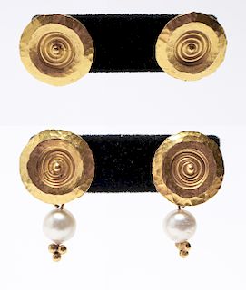18K Gold w Detachable Dangle Pearls Earrings