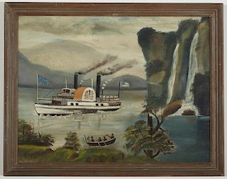 Folk Art Hudson River Side Wheeler Painting