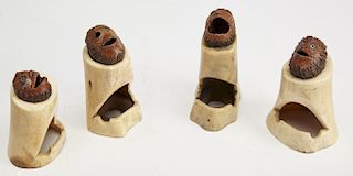Four Folk Art Carved Nut and Bone Pen Holders
