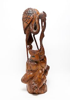 Carved Wood Sculpture of Crane With Fish