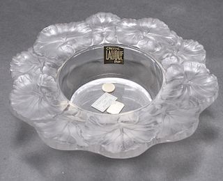Lalique Art Glass Dish with Leaf Motif Rim
