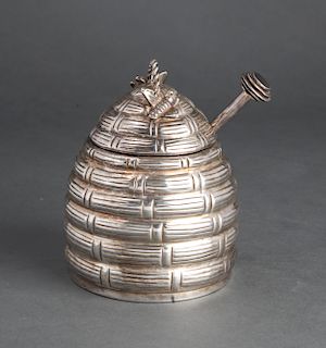 Silver Plate Beehive Form Honey Pot & Stick