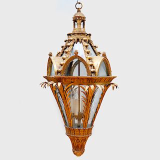 Neo-Gothic Hexagonal-Shaped Giltwood and Gilt Tôle Hall Lantern