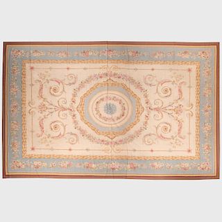 Aubusson Style Teal, Pink and Beige Carpet 
