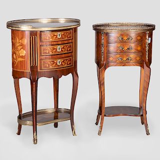 Two Louis XV/XVI Style Kingwood and Tulipwood Marquetry Tables en Chiffonnière