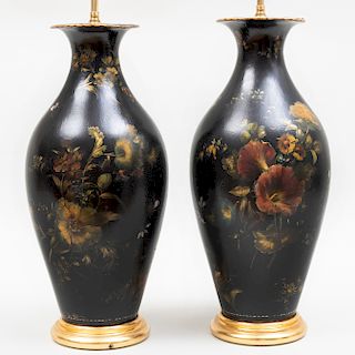 Pair of Victorian Mother-of-Pearl and Black Papier Maché Urn-Form Lamps