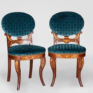 Pair of Early Napoleon III Mahogany and Fruitwood Marquetry Side Chairs