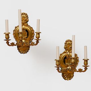 Pair of Continental Rococo Style Gilt-Bronze Three-Light Sconces
