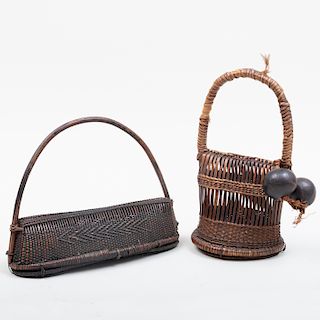 Two Democratic Republic of Congo Woven Reed and Leather Rattles