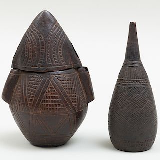 Zaire Carved Wood Powder Flask and an Enema Bottle, Democratic Republic of Congo
