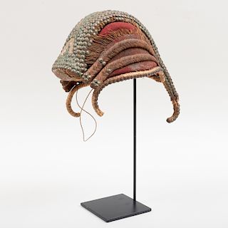 West African Cloth and Woven Fiber Cap with Brass Studs