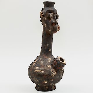 African Painted Pottery Figural Pipe