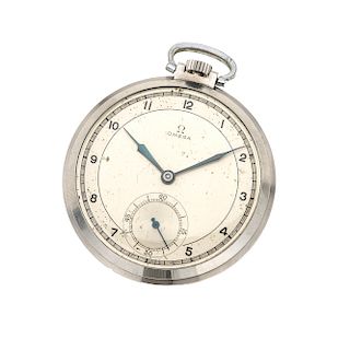Reloj de bolsillo Omega. Movimiento manual. Caja circular en acero de 47 mm. Carátula color gris. Peso: 63.1 g.