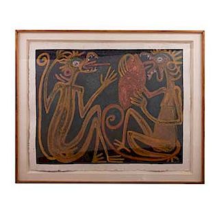 Rodrigo Pimentel (México, 1945). Monotipo. Firmado en ángulo inferior derecho. Enmarcado en madera tallada.