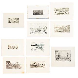 Adolfo Quinteros Gómez. Carpeta con 10 grabados. Sin enmarcar. Consta de: "Pescando camarón", "Pescadores del Papaloapan", otros.