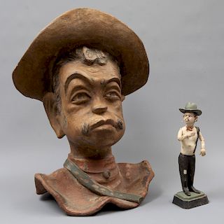 Mario Moreno "Cantinflas" Busto y figura elaboradas en terracota policromada. México. Siglo XX. 30 x 26 x 25 cm (mayor)