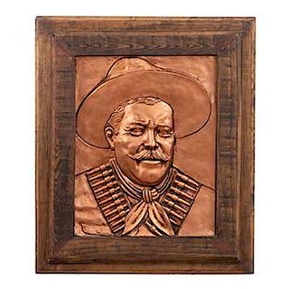 Anónimo. Francisco Villa. Placa de resina esmaltada con acabado a manera de cobre. Enmarcado. 43 x 34 cm.