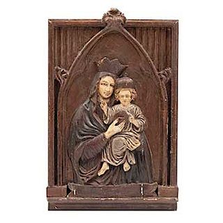 Anónimo. (Siglo XVIII) "Nuestra Señora del Sagrado Corazón". Alto relieve en talla de madera policromada. Enmarcada. 69 x 46 x 9 cm.