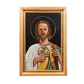 Hector Iván Torres Maldonado. San Judas Tadeo II. Firmado y fechado 2019. Óleo sobre tela. Enmarcado en madera dorada. 80 x 50 cm.