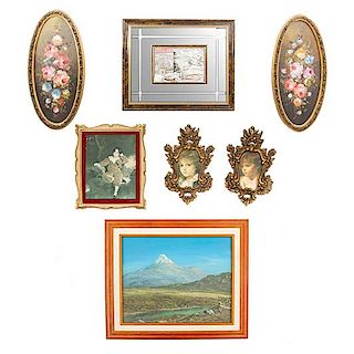Lote de 7 obras pictóricas y reproducciones. Consta de: Paisaje montañoso, Par de Bouquets, Retratos de niños, entre otros.