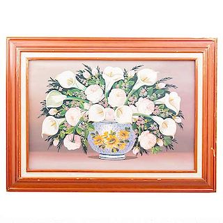 J. Luiz. Bouquet con alcatraces. Firmado. Óleo sobre tela. Enmarcado en madera tallada. 59 x 88 cm.