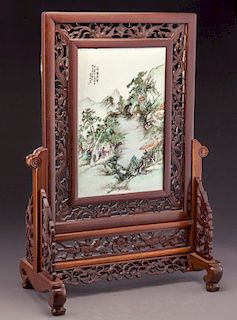 Chinese Republic porcelain plaque inlaid rosewood