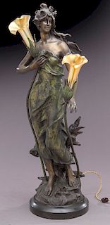 Moreau Art Nouveau bronze figural lamp,