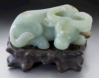 Chinese Qing carved celadon jade water buffalo,