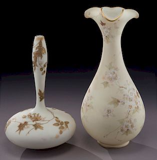(2) Mount Washington Crown Milano glass vases,