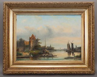 Style of Charles Henri Joseph Leickert "River Scene" oil on