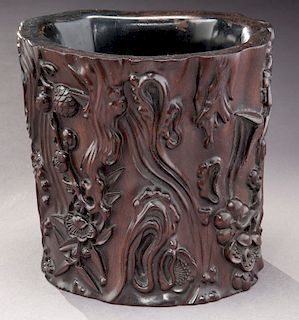 Chinese Qing carved Zitan brush pot,