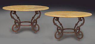 Pair of wrought iron and cast stone garden tables