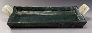 Chinese Qing carved spinach green jade tray,