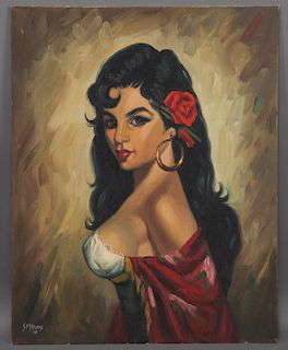 SP Stevens "Untitled (Gypsy with red rose)" oil on