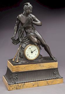 Patinated bronze figural clock,