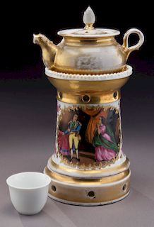 Old Paris porcelain tea pot on stand,