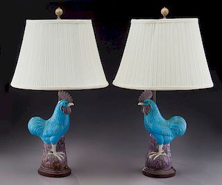 Pr. Asian ceramic roosters converted to lamps