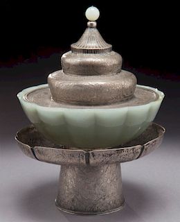 Chinese Mongolian silver and jade bowl,
